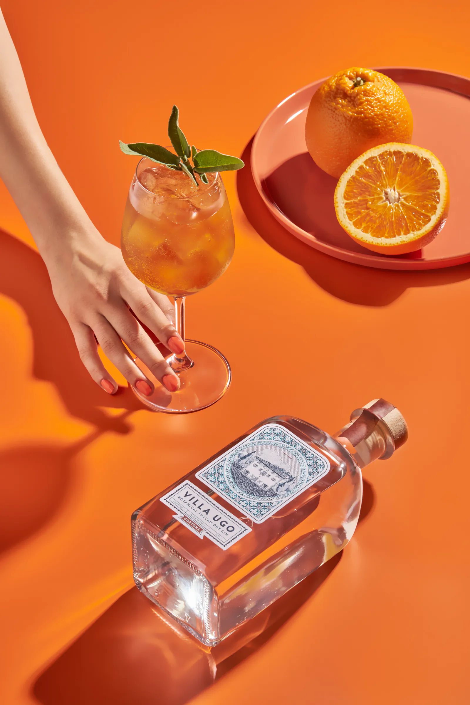 Hand holding a spritz over an orange background beside oranges and a gin bottle — Sabatini Gin, Milan