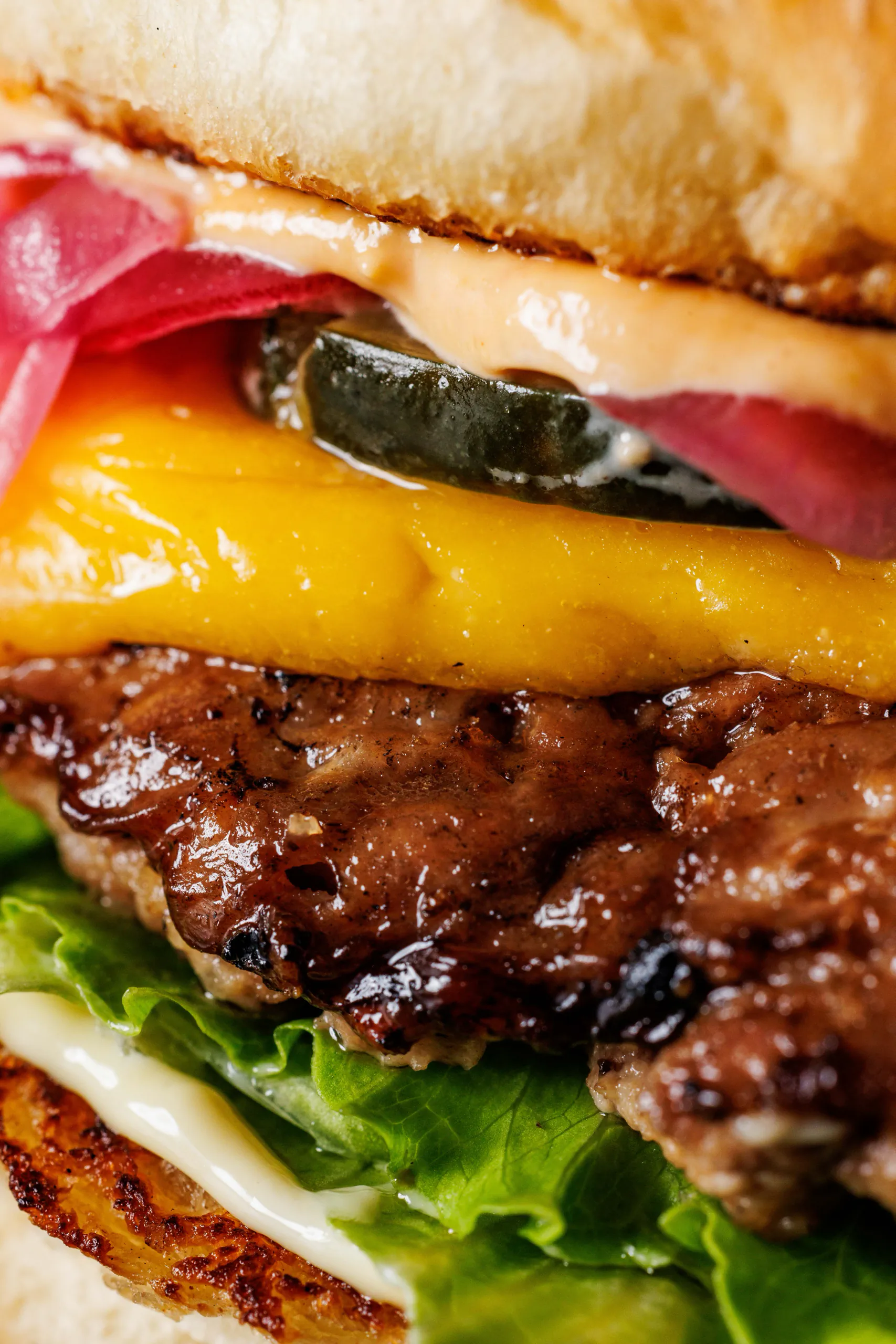 Close-up of a cheeseburger with melted cheese, jalapeno and pickled onion - Manero, Rome, Italy