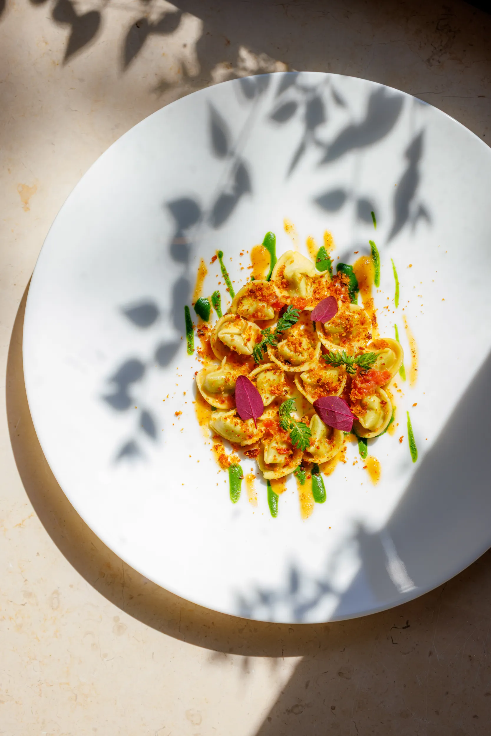 Filled pasta with sauce and edible flowers in dappled light - Orient Express Venezia, Venice, Italy