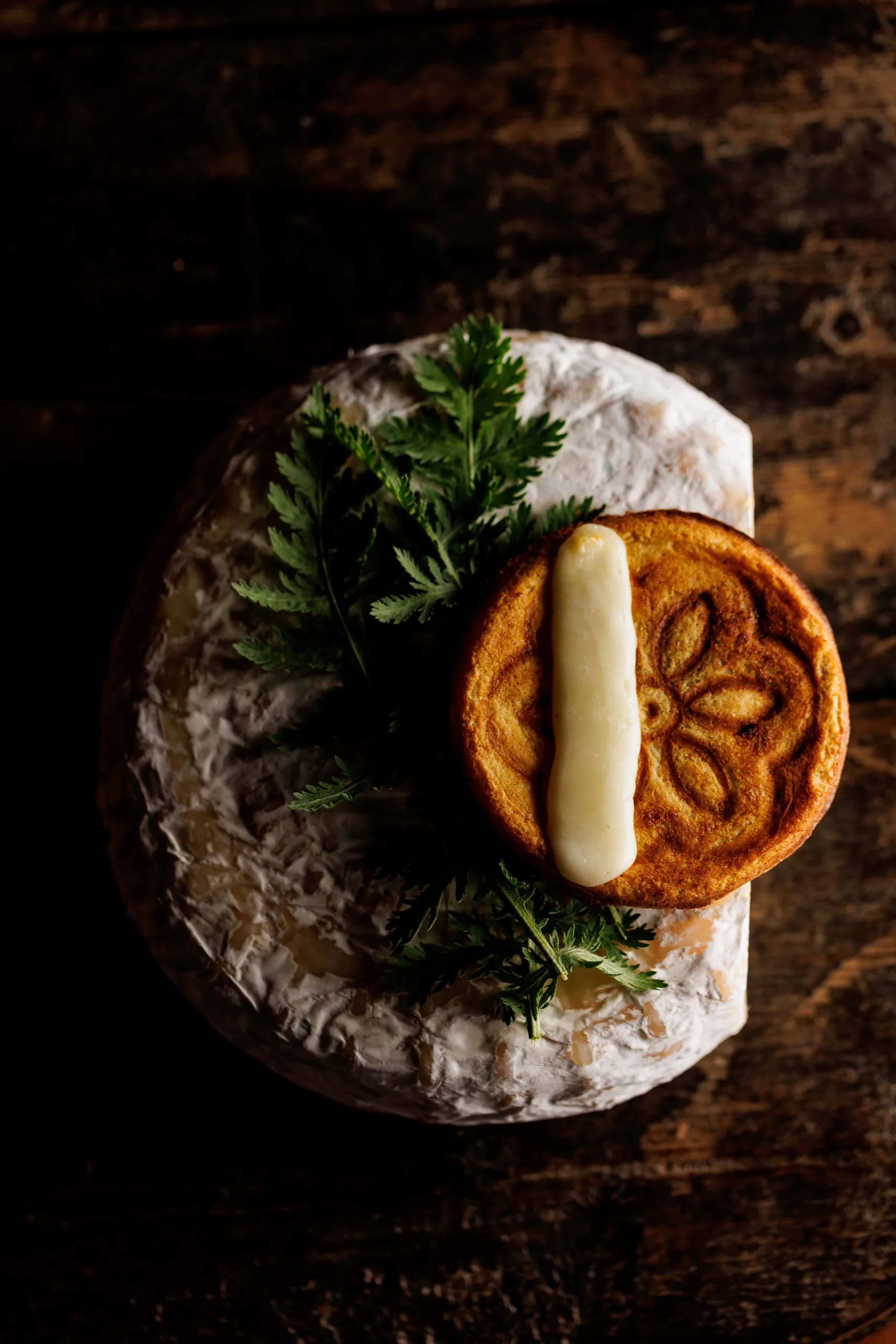 Savoury pie on a herb-topped cheese wheel - UNE, Capodacqua, Italy
