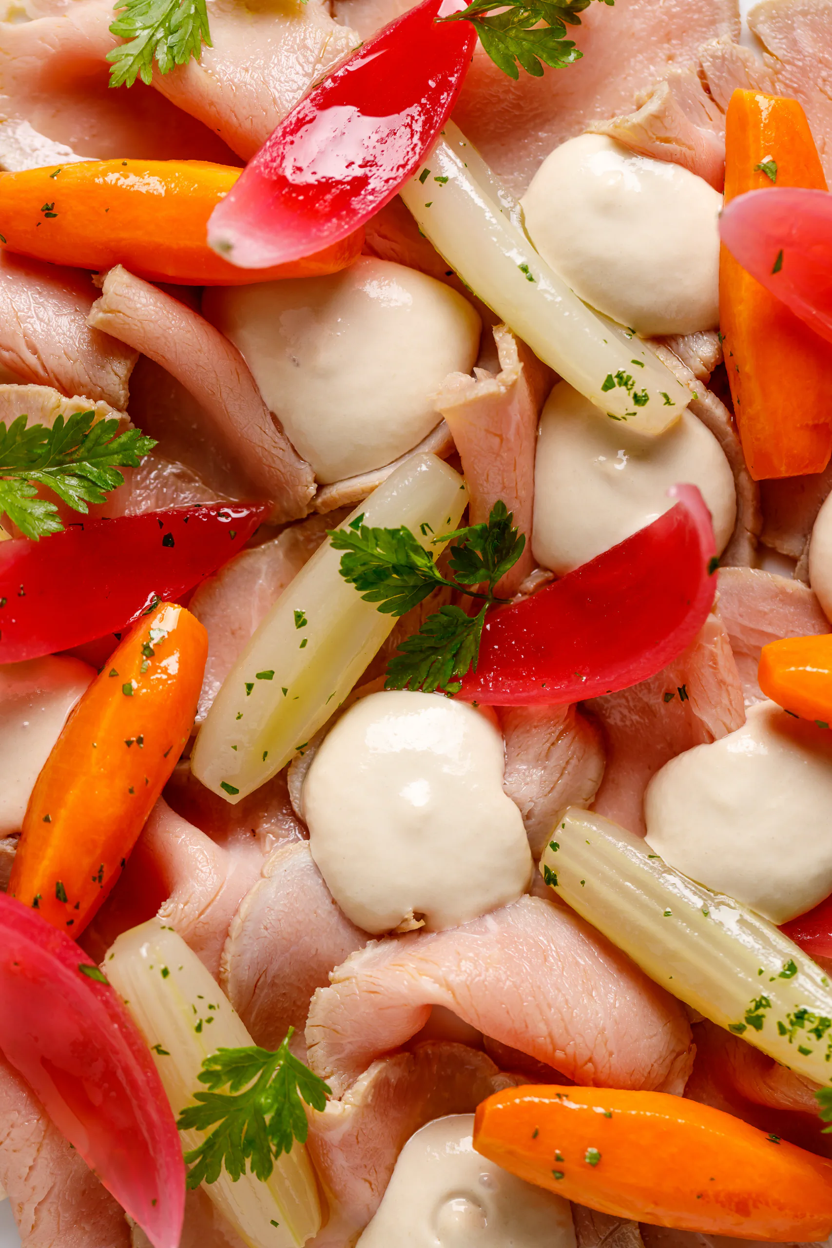 Close-up of vitello tonnato with carrots, celery and radish