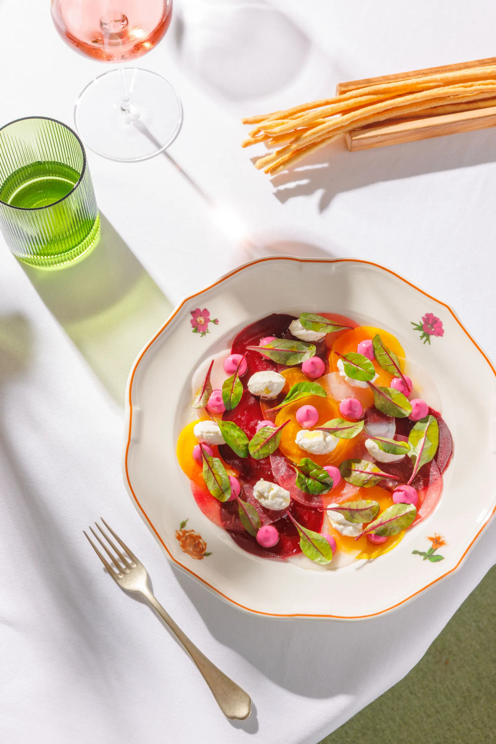 Colourful beetroot dish on a floral-rimmed plate - La Gamella, Collegio alla Querce, Florence, Italy