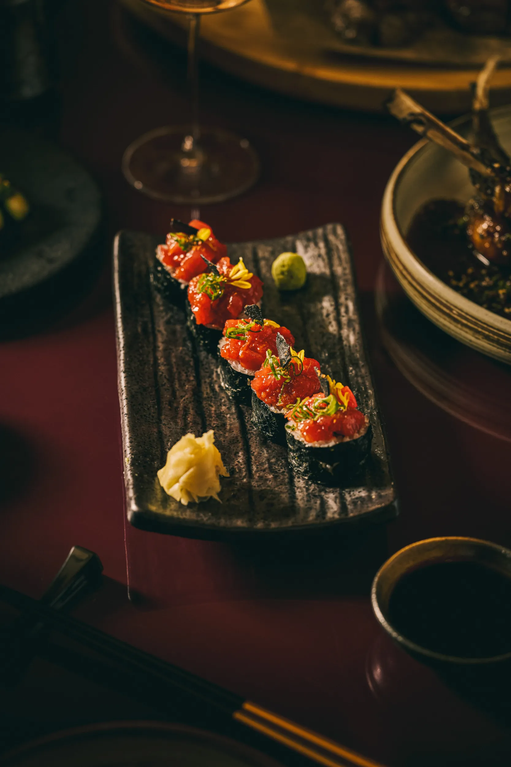 Tuna nigiri sushi on a slate plate - Mimi Kakushi, Delano Miami, US